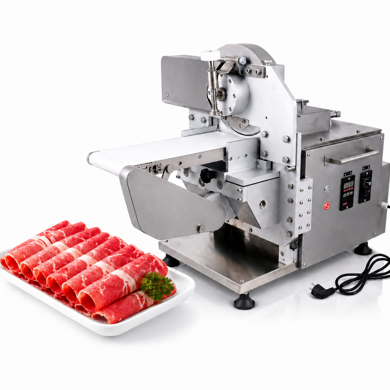 Commercial fresh meat slicer with conveyor infeed and sliced fresh meat on a white studio background